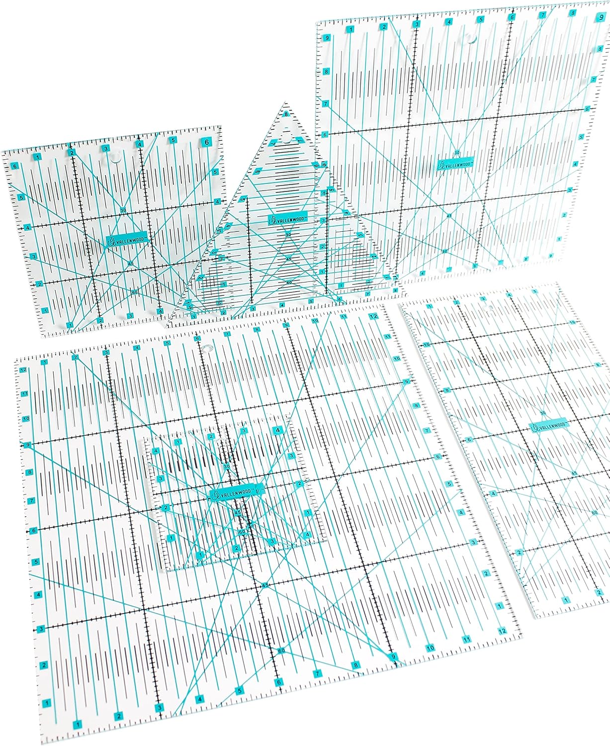 6 Pieces Super Set Not Overpriced! Complete Quilting Rulers: Square 12.5x12.5, 9.5x9.5, 6.5x6.5, 4.5x4.5 in. Plus 6x12 and Right Triangle 8". Patchwork. Clear Templates Ruler. Accurate Design. Racks.