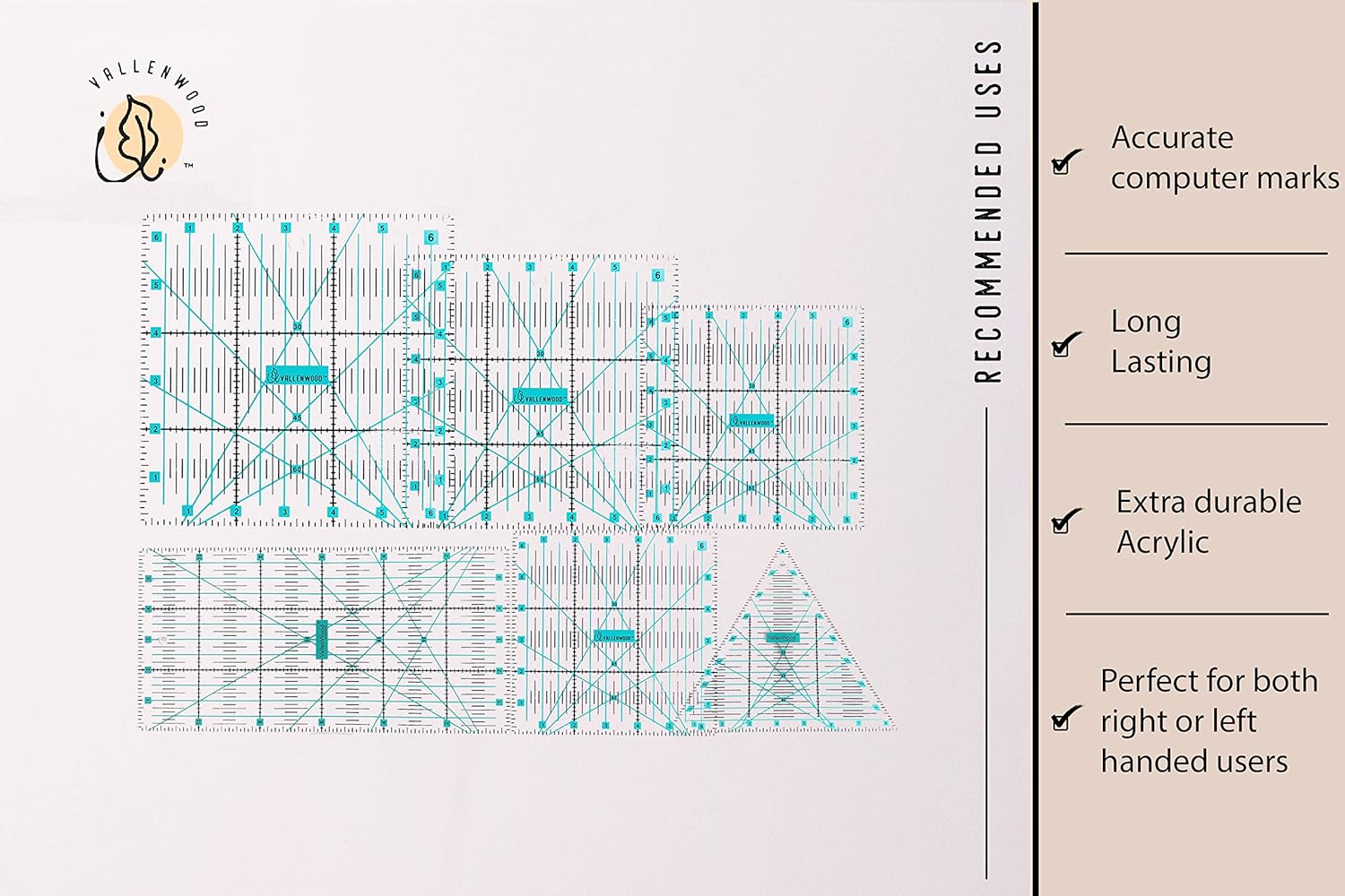 6 Pieces Super Set Not Overpriced! Complete Quilting Rulers: Square 12.5x12.5, 9.5x9.5, 6.5x6.5, 4.5x4.5 in. Plus 6x12 and Right Triangle 8". Patchwork. Clear Templates Ruler. Accurate Design. Racks. - Image 5